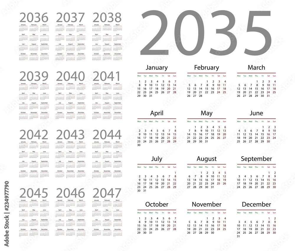 Календарь на 2028 год Simple calendar 2035 on white background. Vector illustration Векторный объект S