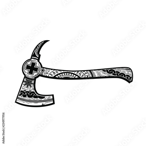 Vikings tomahawk, line art black and white version, vector illustration isolated on white background