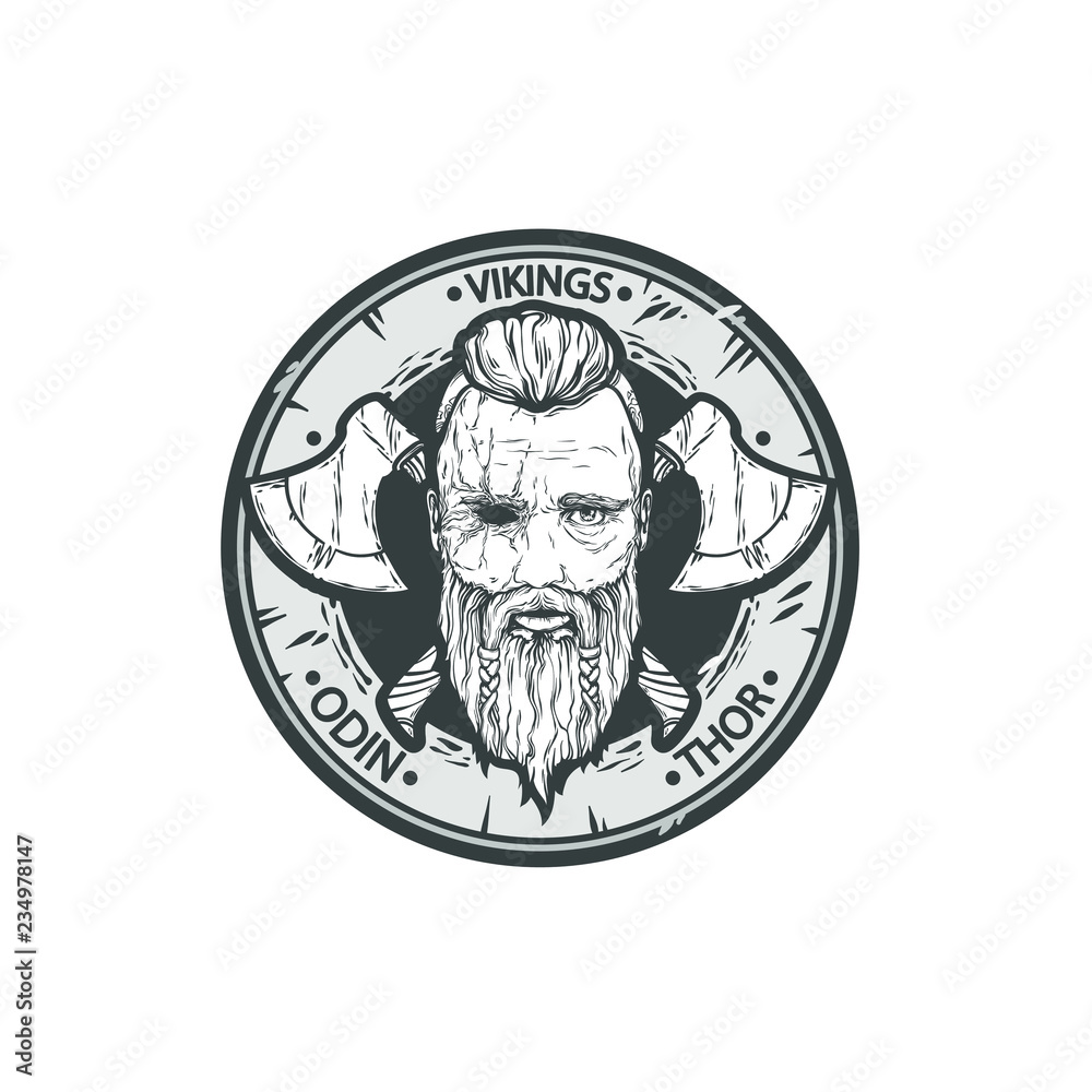 Vikings logotype, face of God Thor, Odin, Two tomahawk, vector grunge  illustration isolated on white background, grey, white and black colors  Stock Vector | Adobe Stock