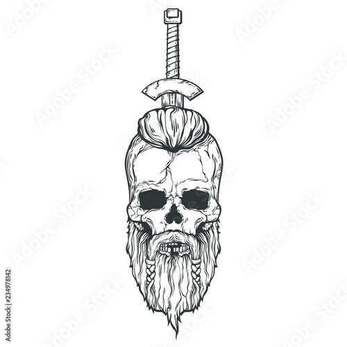 Viking skull with a sword in the head, vector illustration isolated on white background