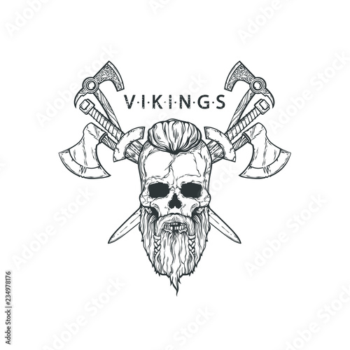 Vikings skull with different weapon, sword, ax, text, vector grunge illustration isolated on white background