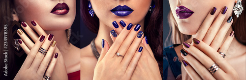 Beautiful woman with perfect make-up and blue manicure wearing jewellery. Beauty and fashion concept.
