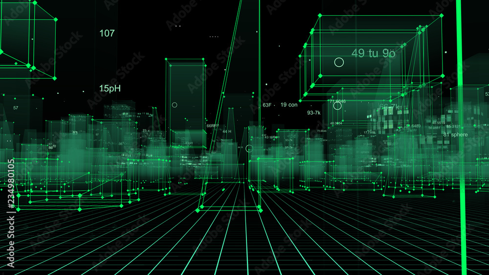3D Rendering technological digital background consisting of a futuristic city with data 3D Rendering technological digital background consisting of a futuristic city with data