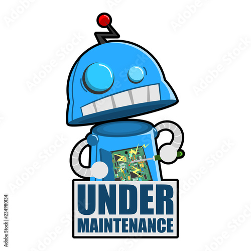 Funny Robot repair it self using screwdrivers with Under Maintenance text for Website applications Cartoon Vector