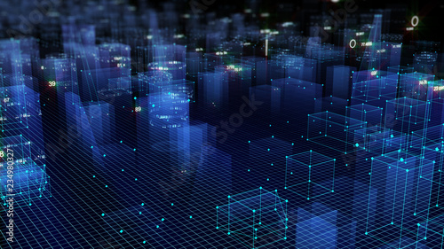 3D Rendering technological digital background consisting of a futuristic city with data