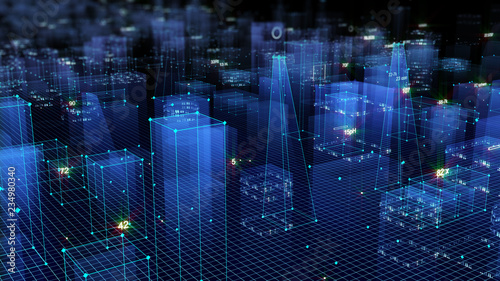3D Rendering technological digital background consisting of a futuristic city with data
