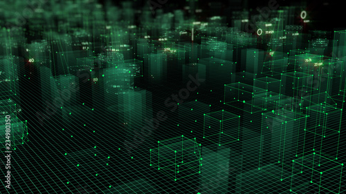 3D Rendering technological digital background consisting of a futuristic city with data