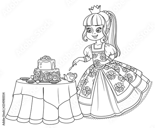 Beautiful princess near the table with a delicious cakel outlined picture for coloring book on white background