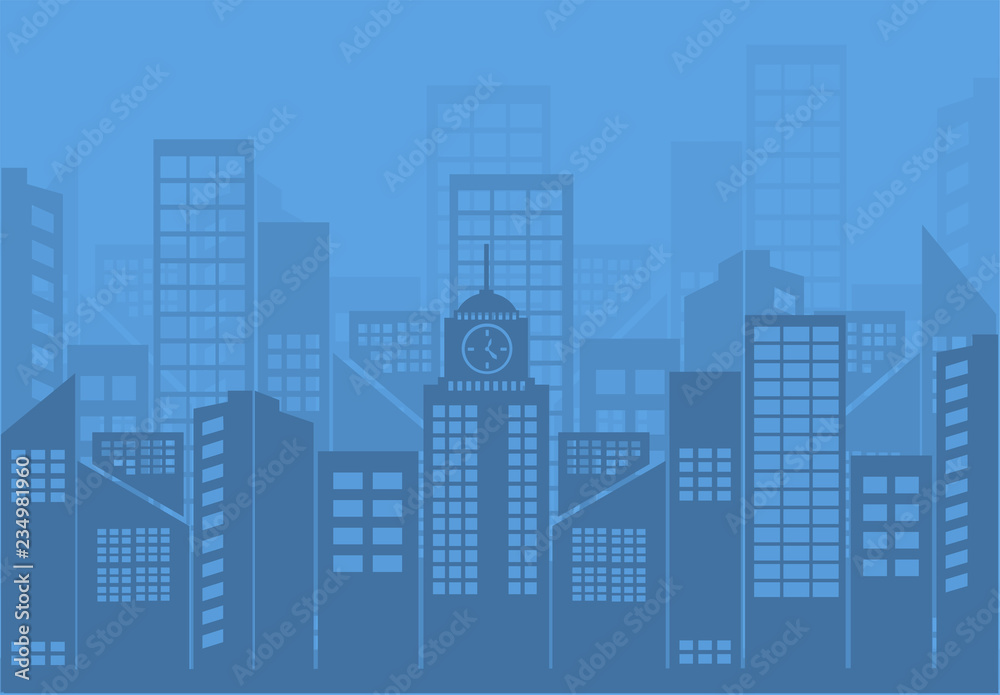 Flat night urban cityscape on blue background illustration