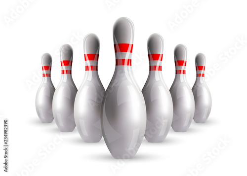 Bowling. Skittles with a mirror image. Realistic vector poster.