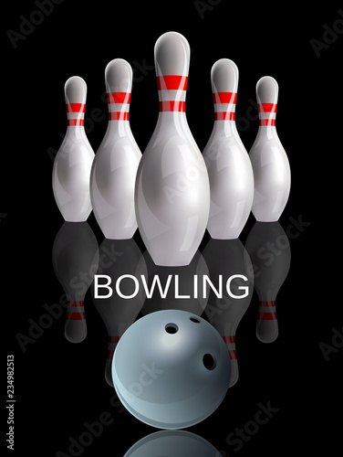 Bowling. Skittles with a mirror image on the glass. Night image. Realistic vector poster.