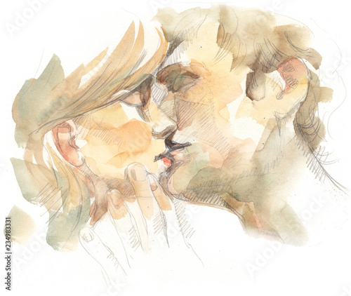 Fototapeta Naklejka Na Ścianę i Meble -  Kissing couple portrait watercolor art
