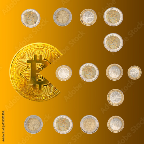 Bitcoin pacman shape eating euro coins on gradient gold. Bitcoin cryptocurrency banking money and Euro coins