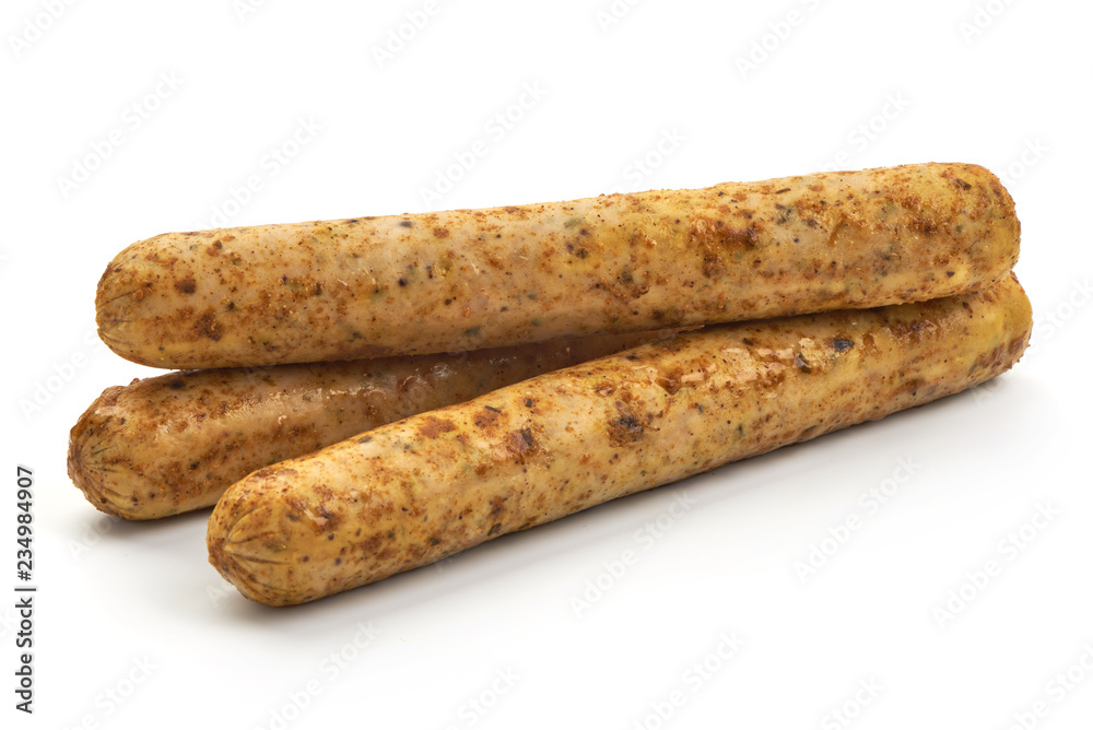 Delicious Homemade Spicy Sausages, isolated on a white background. Close-up. Delicious Homemade Spicy Sausages, isolated on a white background. Close-up.