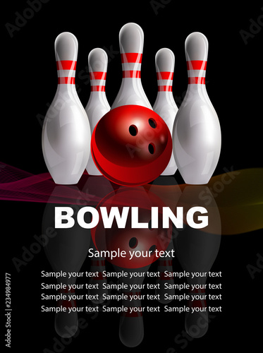 Bowling. Skittles and a red ball with a mirror image on the glass. Night image. Realistic vector poster.