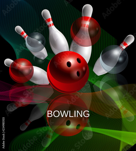 Bowling. Skittles and a red ball with a mirror image on the glass. Night image. Realistic vector poster.