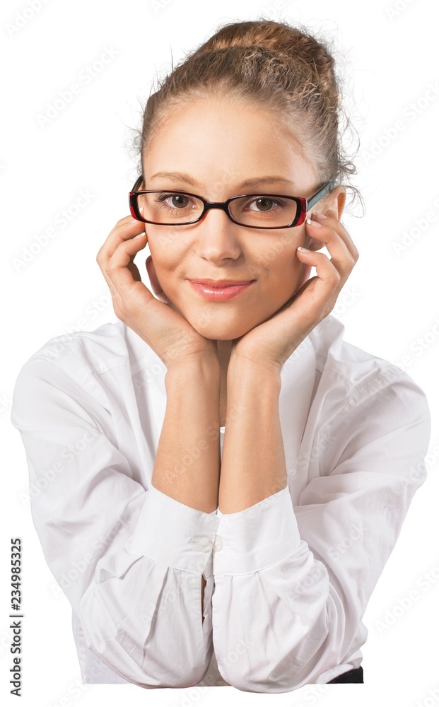 Beautiful young businesswoman head in hands