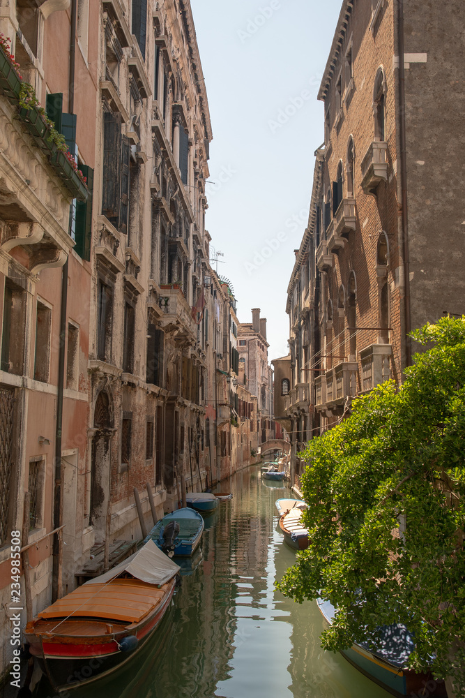 View of a Venetian canal with ancient buildings, boats and green plant in summer, Venice, Italy