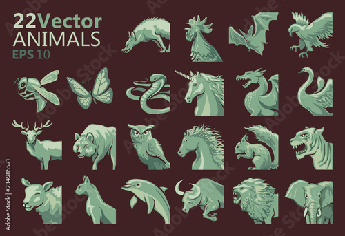 Vector Set Of 22 Illustrated Animals On Dark Background