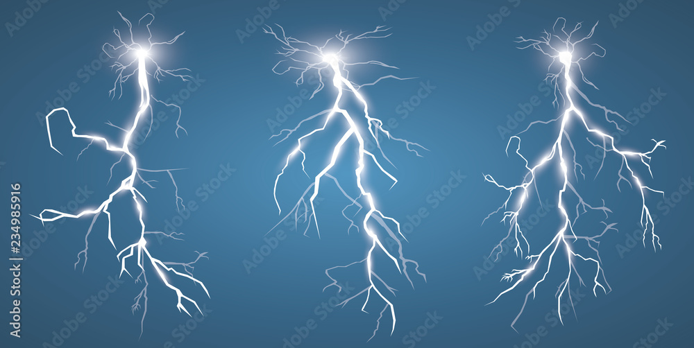 Set of lightnings. Thunder-storm and lightnings. Magic and bright lighting effects.