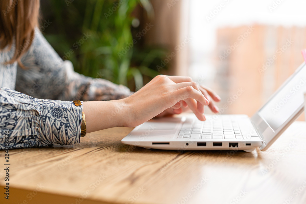 Fototapeta premium Young woman Typing on the keyboard, chatting, maintains a blog. Freelancer work in modern coworking. Successful people, businessman in comfortable cafe . Reading text during work on netbook.