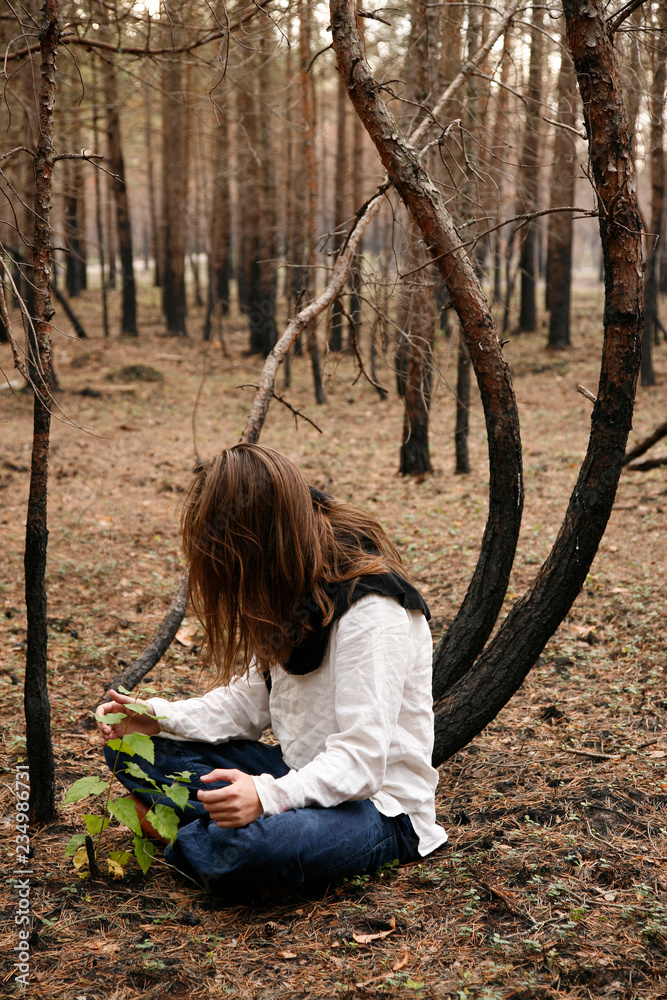 Long hair man shaman mediates over new plant in the damaged pine tree forest after the wildfire few years back. Forest nature magic concept. Long hair man shaman mediates over new plant in the damaged pine tree forest after the wildfire few years back. Forest nature magic concept.