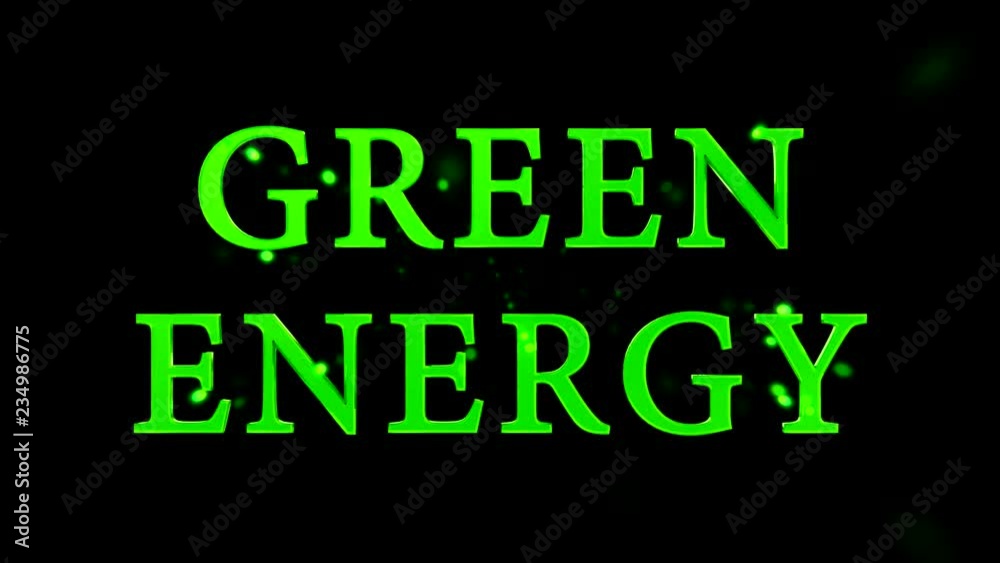 a green energy 3d text grows and rotates to appear in front of screen, after that  some particles come in flowing around the text until it disappears. With black background and alpha channel