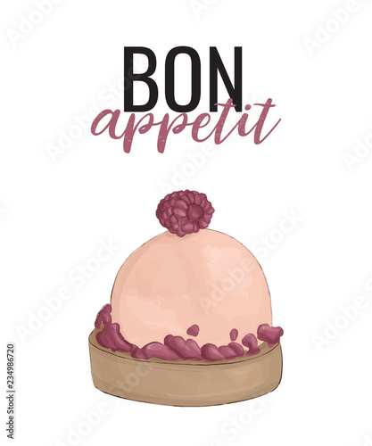 Vector creamy cake with Bon Appetit typography. Delicious bakery poster. Dessert with raspberry onn top, homemadefood with fruits. Summer home decor print.