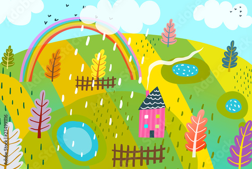 Rural Landscape Design Kids Style Graphic.