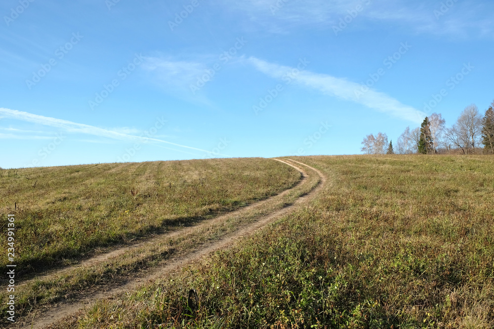 Beautiful rustic landscape with ground road runs through a green field to forest on sunny summer day Beautiful rustic landscape with ground road runs through a green field to forest on sunny summer day