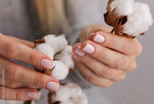 Female Manicure, natural look, nude color. Nails care.