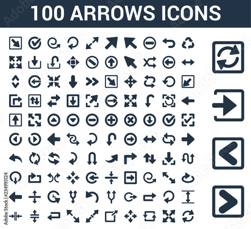 100 arrows universal icons set with Skip Track  Backward Arrow  Enter Left  Loading Arrows  Three Curved Expad Counter Zoom Directions  Exit Top Right  Diagonal Resize