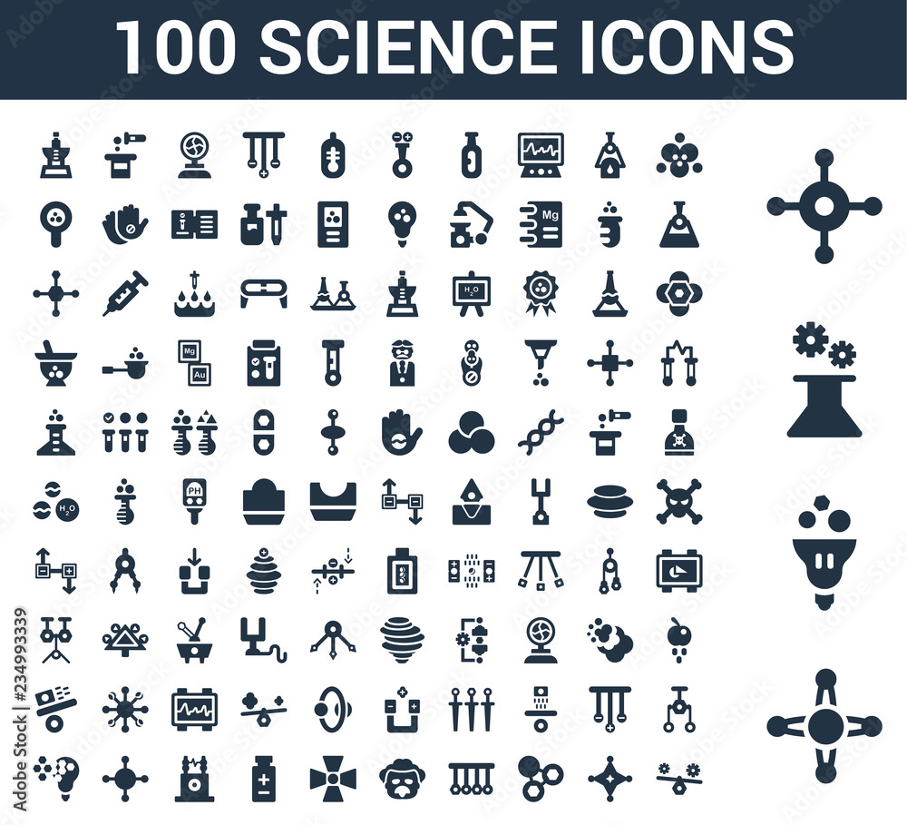 100 Science universal icons set with Atom, Idea, Mechanism, Molecule, Molecules, Physics, Einstein, Radiation 100 Science universal icons set with Atom, Idea, Mechanism, Molecule, Molecules, Physics, Einstein, Radiation