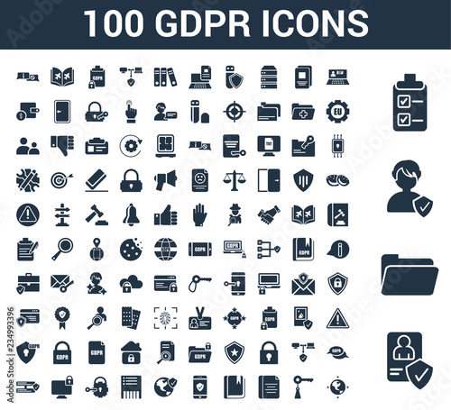100 GDPR universal icons set with Account, Folder, Person, List, Laptop, Key, Document, Book, Smartphone, World