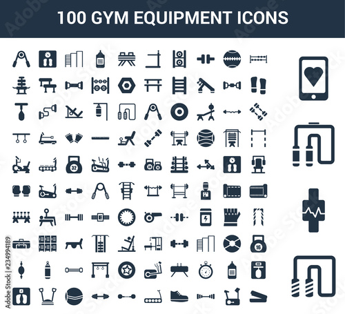 100 gym equipment universal icons set with Jumping rope, Watch, Chest expander, Smartphone, Dumbbells, Stationary bike, Dumbbell, Sneakers, Treadmill, Dumbbell