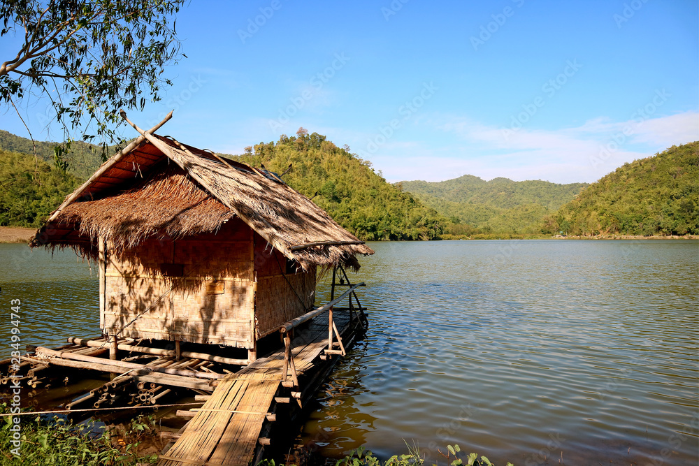 Bamboo rafts on the shore of Hoob Khao Wong Reservoir or Pang Oung of Suphan, Suphanburi province, Thailand