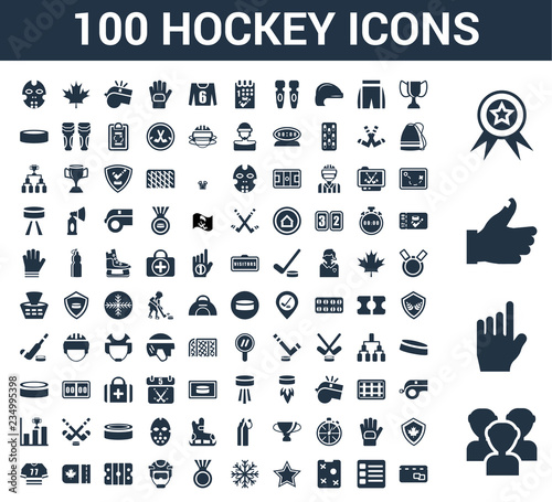 100 Hockey universal icons set with Audience, Hand, Thumb up, Medal, Trophy, List, Strategy, Star, Snowflake, Medal