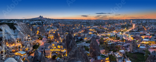 Evening panorama of the village of Goreme, Turkey, Cappadocia