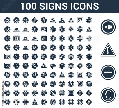 100 Signs universal icons set with No entry, Warning, Silence, alcohol, Train, animals, food, drinks, Warning
