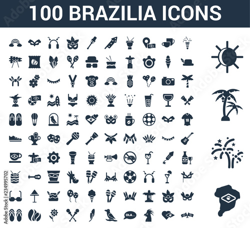 100 Brazilia universal icons set with Brazil  Fireworks  Palm tree  Sun  Confetti  Heart  Parrot  Ol    Toucan  Feather