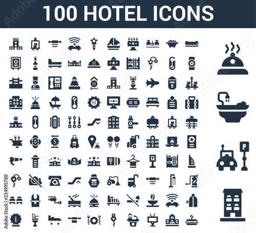 100 Hotel universal icons set with Building, Parking, Bathtub, Meal, Air conditioner, Television, Reception, Room key, Restaurant