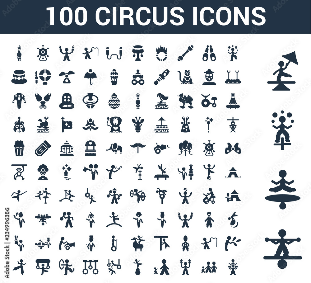 100 Circus universal icons set with Tightrope walker man, Jumping Juggler Family stunt Giant Acrobat Trapeze artists man