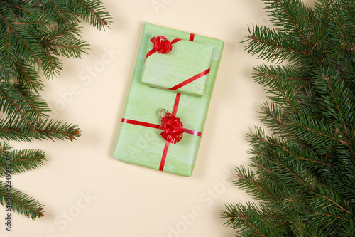 Christmas tree and gifts on wooned background.