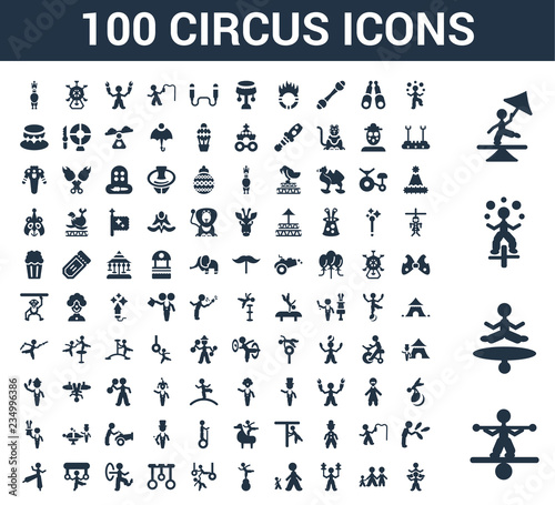 100 Circus universal icons set with Tightrope walker man  Jumping Juggler Family stunt Giant Acrobat Trapeze artists man