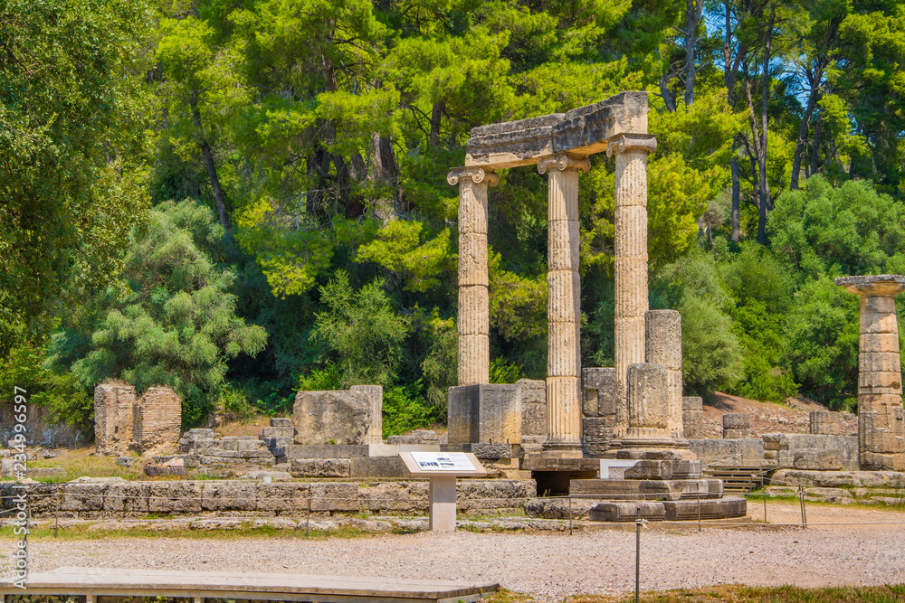 The Philippeion monument in the archaeological site of Olympia in Greece. In antiquity the Olympic Games were hosted every four years in ancient Olympia from 776 BC