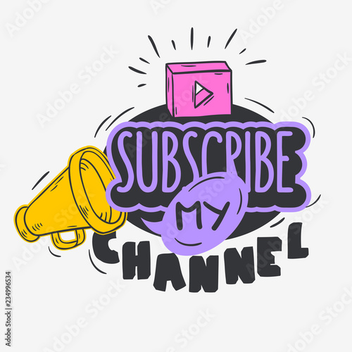 Vlog Video Blog Related Social Media Themed Cartoon Style Design Subscribe My Channel Call To Action Vector Graphic