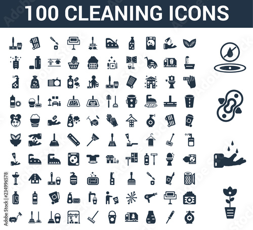 100 Cleaning universal icons set with Rose cleanin, Hands Compress No water Leaf Tampon Garbage truck cleanin