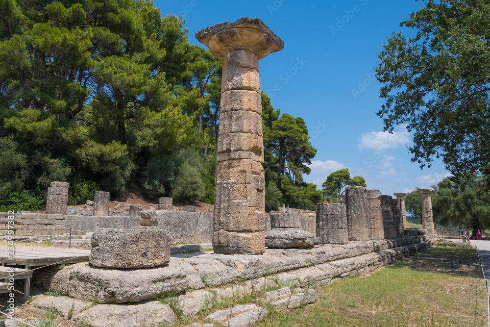 Temple of Hera (Heraion), the oldest temple of the Sanctuary (archaic doric temple architecture) in the archaeological site of Olympia in Peloponnese, Greece