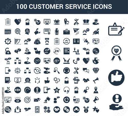 100 Customer Service universal icons set with Customer, Like, Quality, Clipboard, Rating, Medal, Star, Review, Hand shake, Review