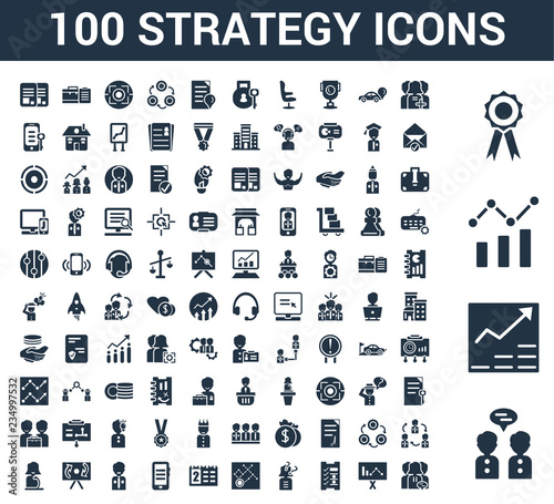 100 Strategy universal icons set with Collaboration, Growth, Analysis, Award, Customer, Presentation, Planning, Question, Connection, Calendar